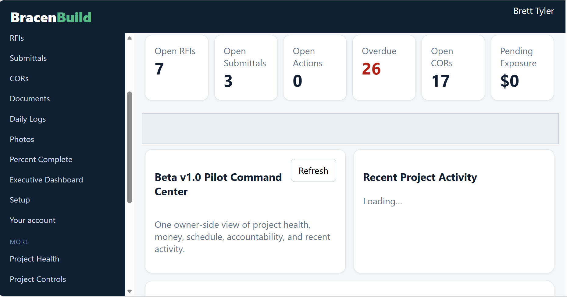 The BracenBuild dashboard: project picker and tools down the left, percent-complete and the registers to the right.